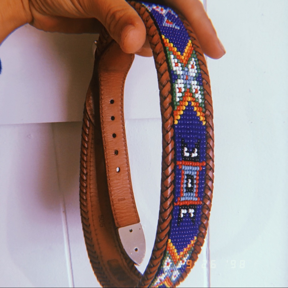 90s blue seed bead beaded leather waist belt